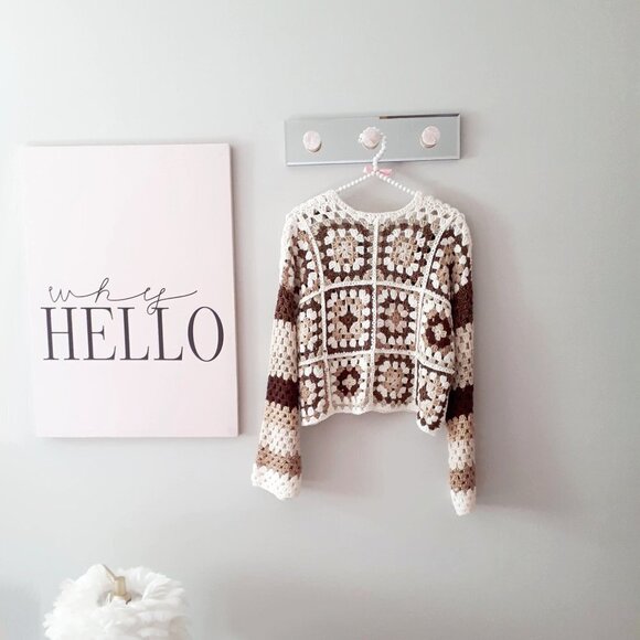 NWT Misskoo brown, cream, gold metallic fibre shimmer accent crochet cardigan - Picture 6 of 12